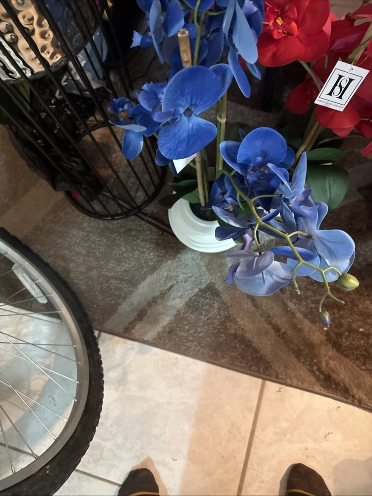Blue orchid bouquet with multiple blooms in a light mint planter pot