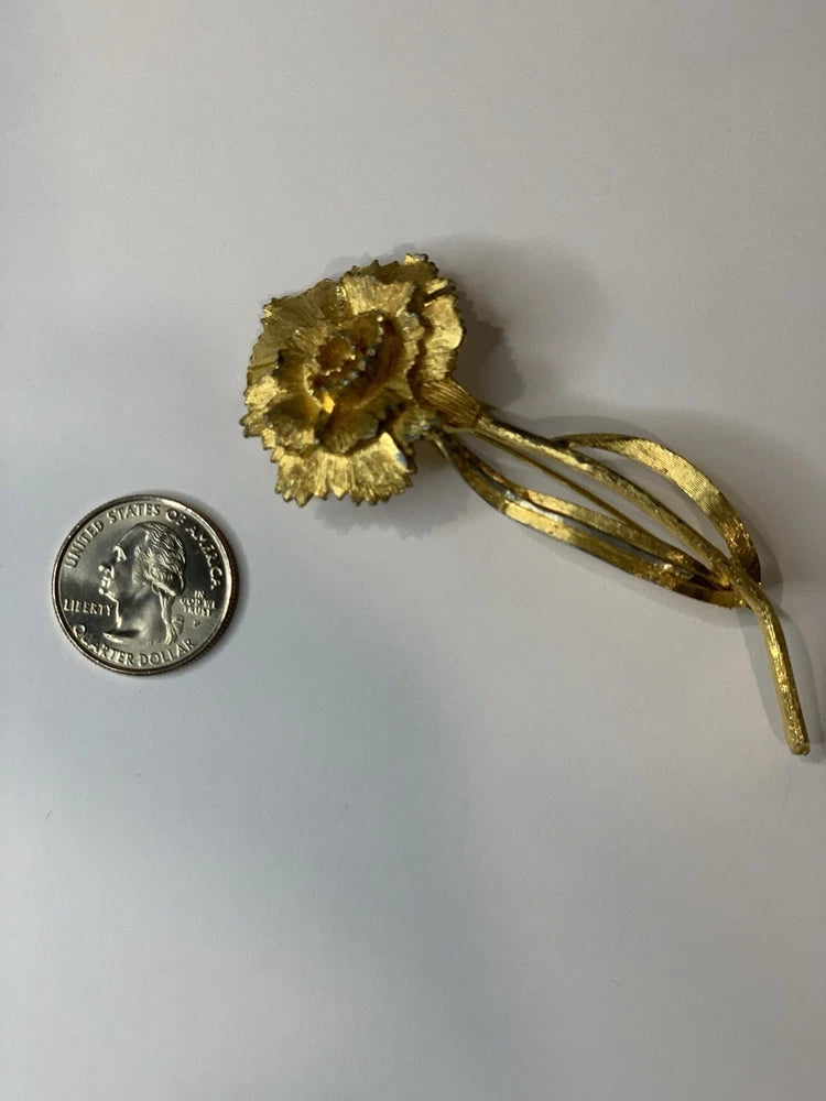 Vintage B.S.K. Signed Gold Tone Carnation Flower Brooch Pin Carnation