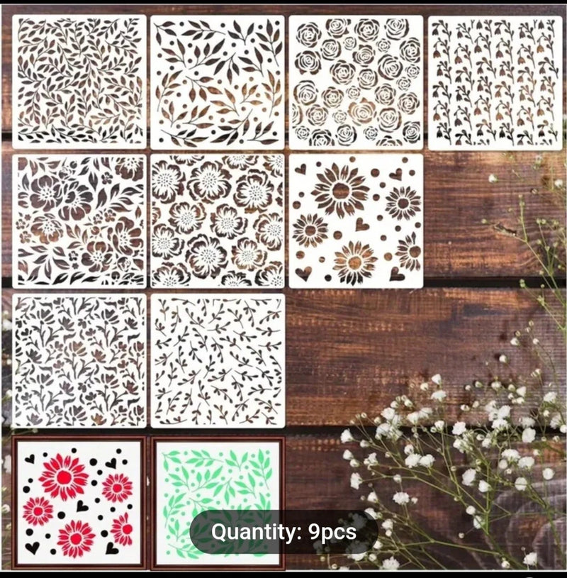Floral Flourish Stencils Flower Rose Sunflower Peony Leaf Stencils 9pcs flower Sunflower