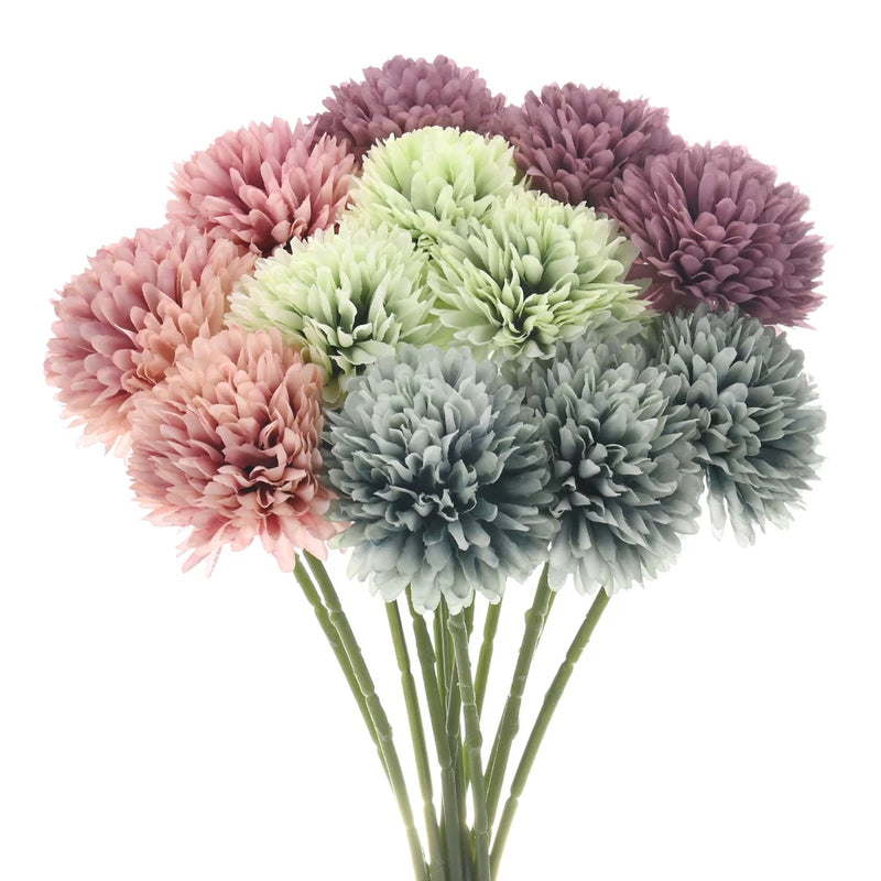 Artificial chrysanthemum ball flowers bouquet with pastel pink, green, blue-gray, and purple blooms