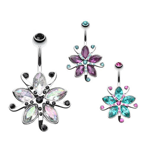 Stainless steel navel ring with multicolor flower cluster and pink, purple, teal stones