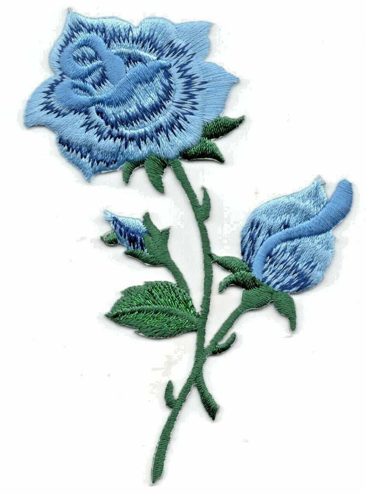 Blue rose flower iron-on patch with two blooms, green leaves, and stem