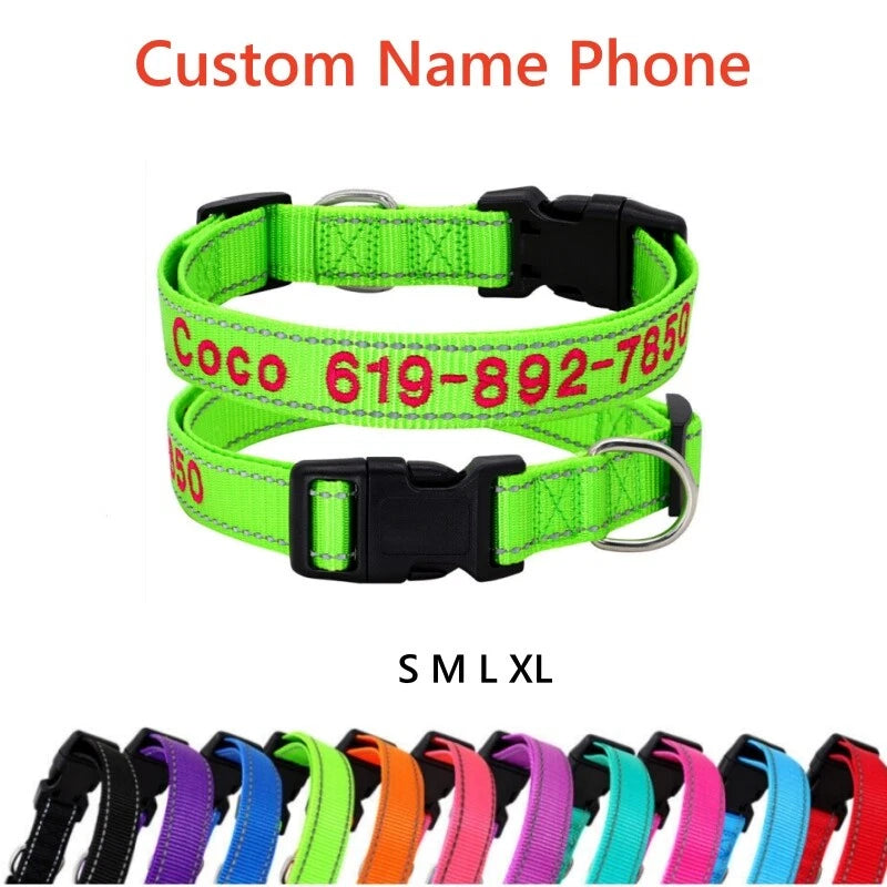 Bright green reflective nylon dog collar with black buckle and custom ID name and phone