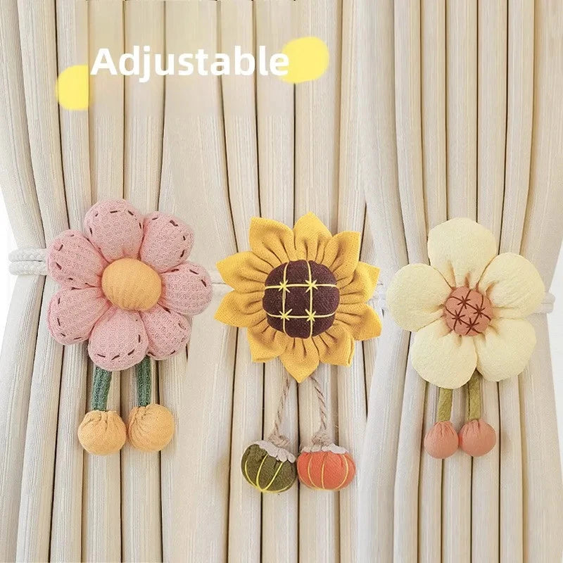 Adjustable fabric flower curtain tiebacks, pair with pink yellow and cream floral blooms