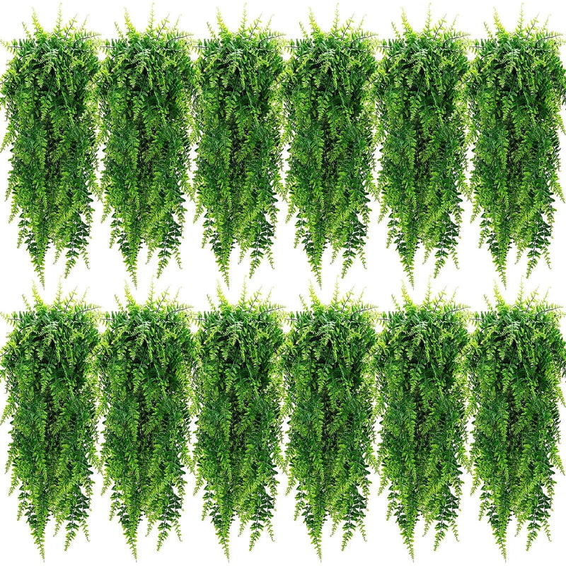Set of 12 artificial hanging Boston fern plants, green plastic fronds