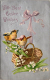 Best Easter Wishes Chicks Basket Lily of the Valley Flowers Ribbon Bow Postcard Lily