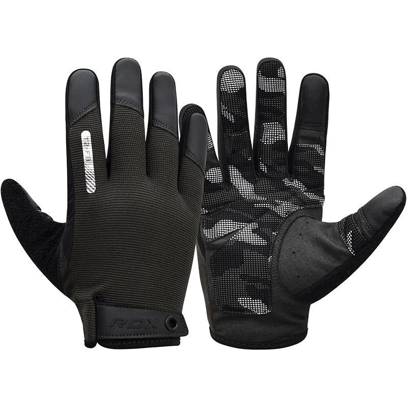 Black full-finger gym gloves with textured grip and touchscreen fingertip panels