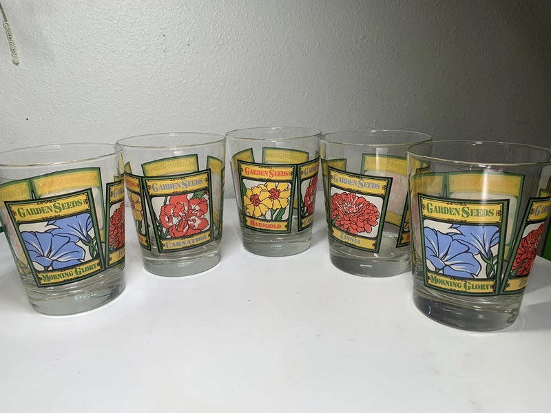 Vintage Garden Seeds Floral Tumblers Marigold Carnation Gardening set of 5 Carnation