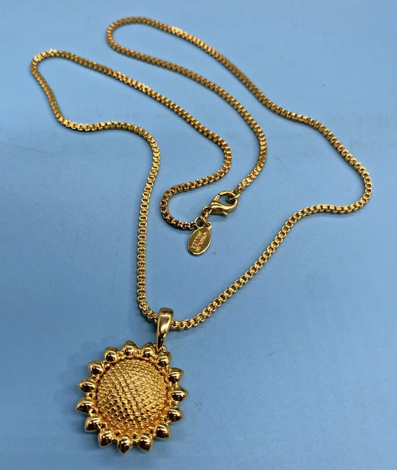 Nolan Miller Signed Sunflower Pendant & Nice 24" Box Chain Necklace Gold-Tone Sunflower