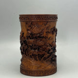 4.7in Chinese Box-wood Hand Carving Peony Flower Brush Pot Statue Collectible Peony