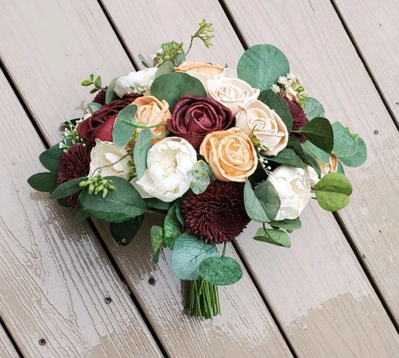Burgundy Peach Bridal Bouquet Sola Wood Artificial Wedding Flowers Eucalyptus Bouquet
