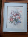 FRAMED Iris, Carnation, Hydrangea, Delphinium Floral Cluster BARBARA MOCK 1985 Hydrangea