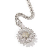 Rotable Sun Flower Men Hip Hop Pendant Chain Necklace ICED AAA+ CZ Silver Plated Sunflower