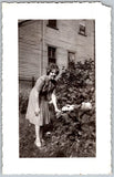 Vtg B&W Snapshot Woman In Pleated Dress Gardening Hydrangea Flowers House 1940s Hydrangea