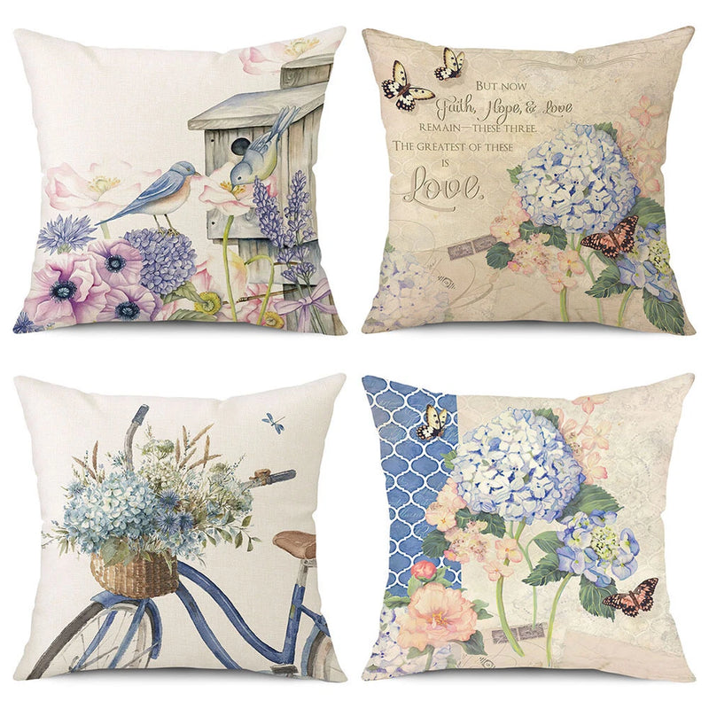 4PCS Spring Pillow Covers Hydrangea Bird Bike Sofa Cushion Covers Home Decor Hydrangea