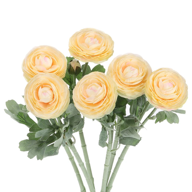 Artificial Ranunculus Flowers, 6 Stems Faux Permanent Flower Floral, Champagne Ranunculus