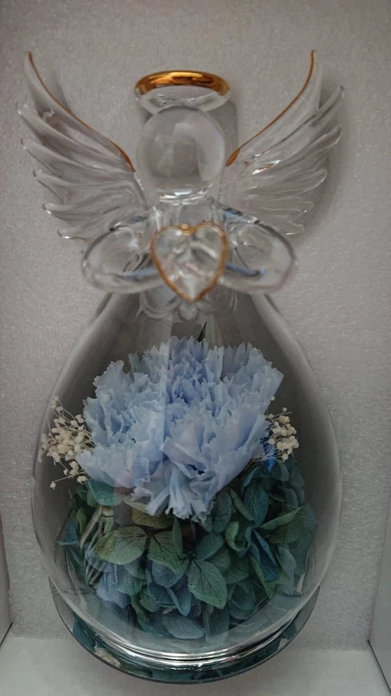 Eternal love preserved carnation angel flower in clear glass dome with wings