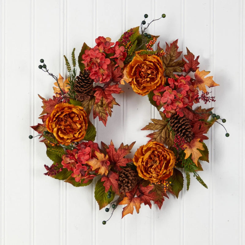 25" Fall Ranunculus/Hydrangea and Berries Autumn Artificial Wreath in Orange Ranunculus