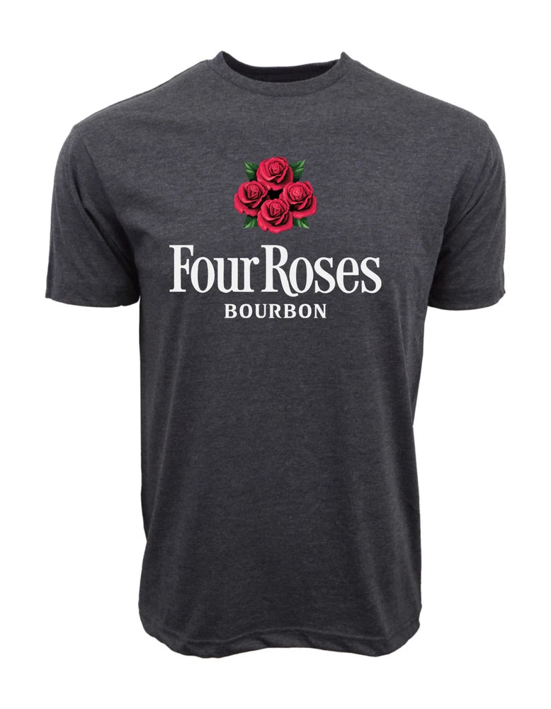 Dark gray Four Roses Bourbon graphic T-shirt with rose cluster logo