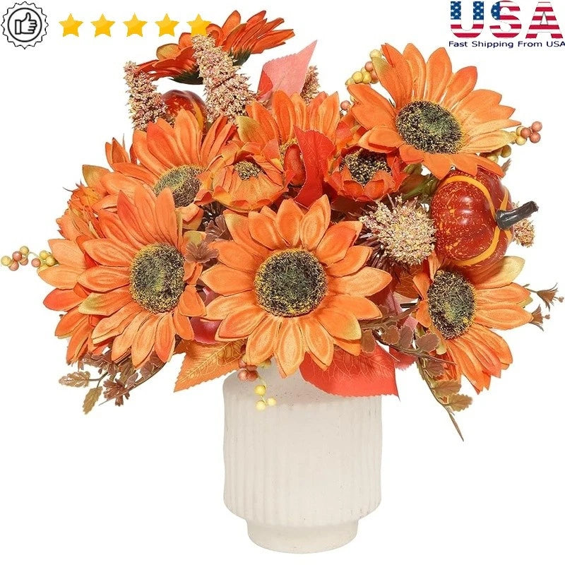 Artificial orange sunflower bouquet with foam pumpkin and wheat stems, fall decor