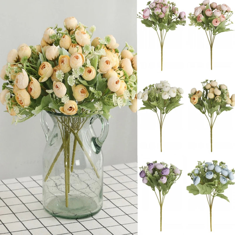 Artificial silk rose bouquet with 15 heads, cream and pastel blooms, green leaves