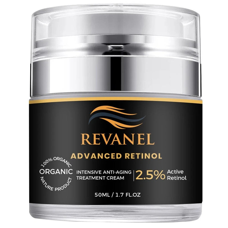 REVANEL advanced retinol anti-aging cream jar, black with silver lid, 50ml