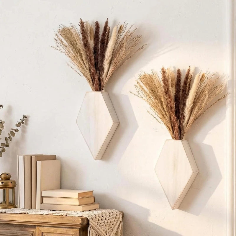 2 Pcs Bohemian Wooden Wall Planter Set with Pampas Grass Modern Farmhouse Wall D Pampas Grass