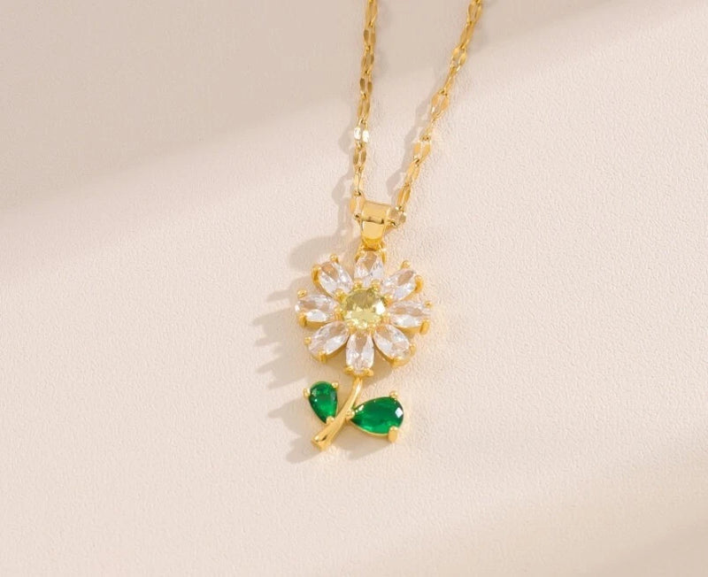 Trends Titanium Gold Flower Daisy Sunflower Pear Green CZ Pendant Chain Necklace Sunflower