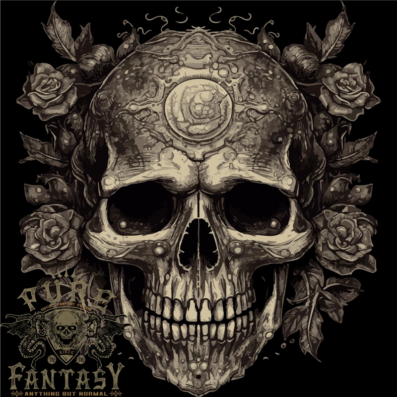 Mens light cotton T-shirt with large gothic skull and roses front graphic, dark base