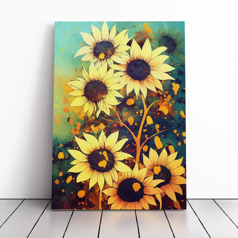 Framed sunflower canvas wall art print with yellow sunflowers and orange paint splatter