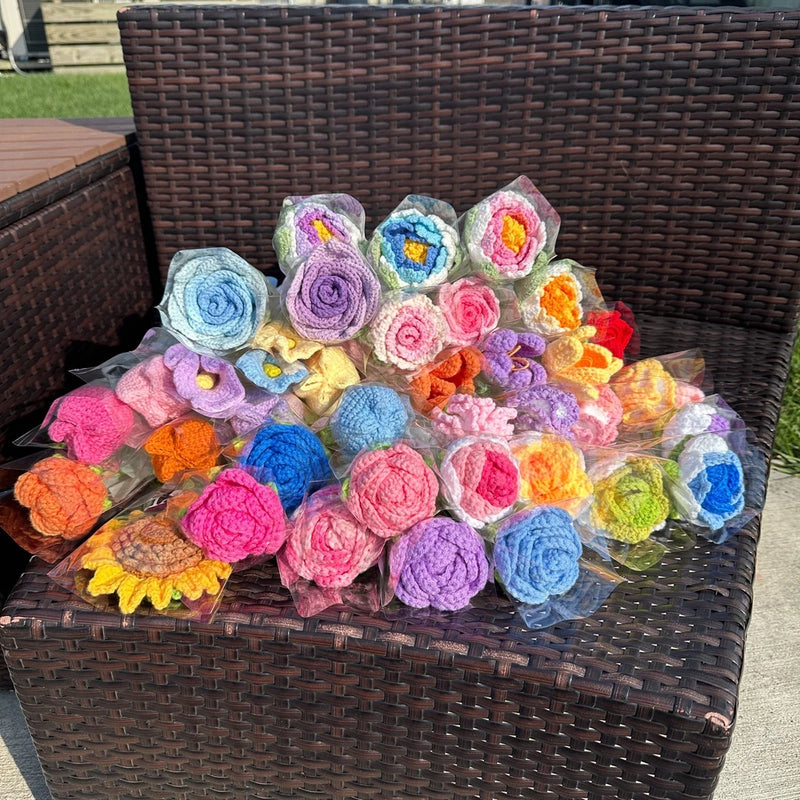Crochet flower bouquet with colorful handmade yarn roses, tulips, and peonies