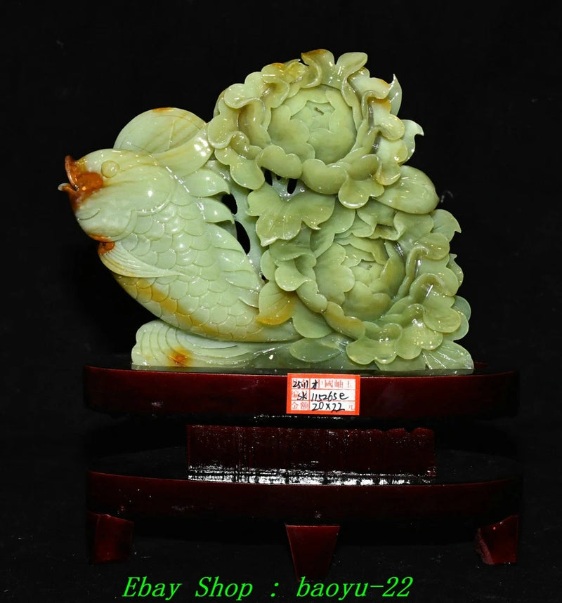 9'' Chinese Natural Xiu Jade Carving Peony Flower Fish Fishs Statue Sculpture Peony