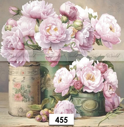 (455) TWO Paper LUNCHEON Decoupage Art Craft Napkins  PINK PEONIES PEONY FLOWERS Peony