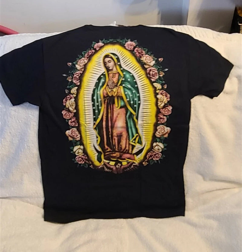 OUR LADY OF GUADALUPE ROSE FLOWER FLOWERS ROSES PRAY BACK PRINT T-SHIRT SHIRT Roses