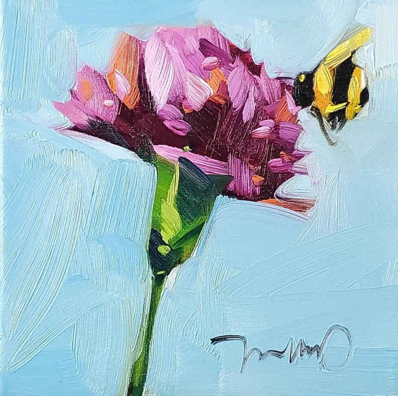 Carnation flower art print with pink petals, green leaves, and a small bee