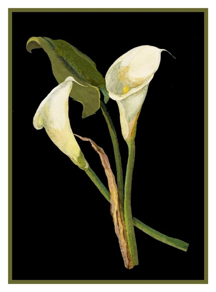 Counted cross stitch pattern featuring pale calla lilies and green leaves