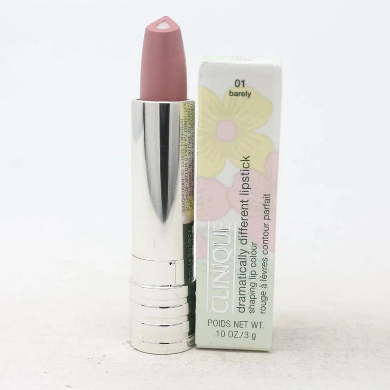 Clinique Dramatically Different lipstick in nude pink, with silver tube and retail box.