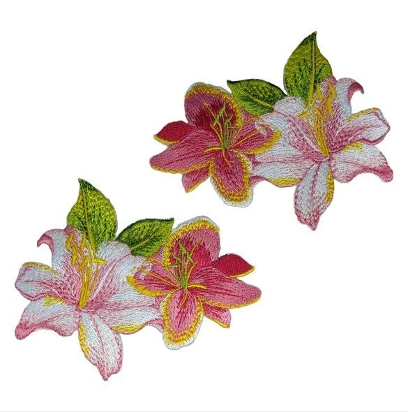 Pink lily flower patch set with 2 embroidered bunches and green leaves