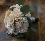 White Bridal Bouquet & Boutonniere Set Ivory Sola Wood Flower Bridesmaid Groom Bouquet