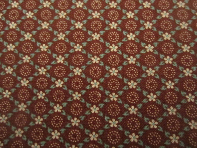 Cotton Fabric Small Prairie Floral Brown Acqua Joan Kessler Concord 1yd 29" x 44 Flowering Plants