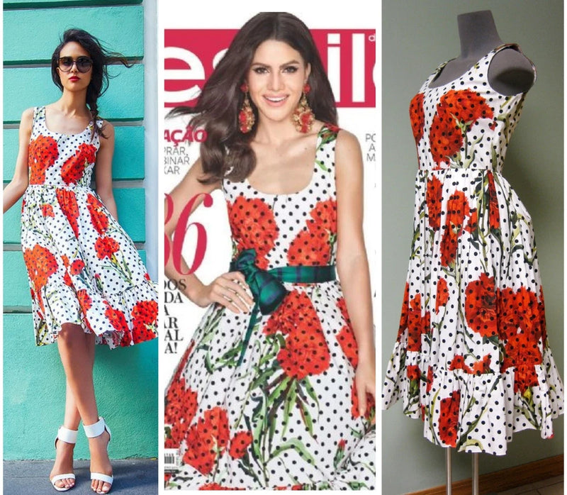 Dolce & Gabbana tiered flared dress, white with red polka-dot print