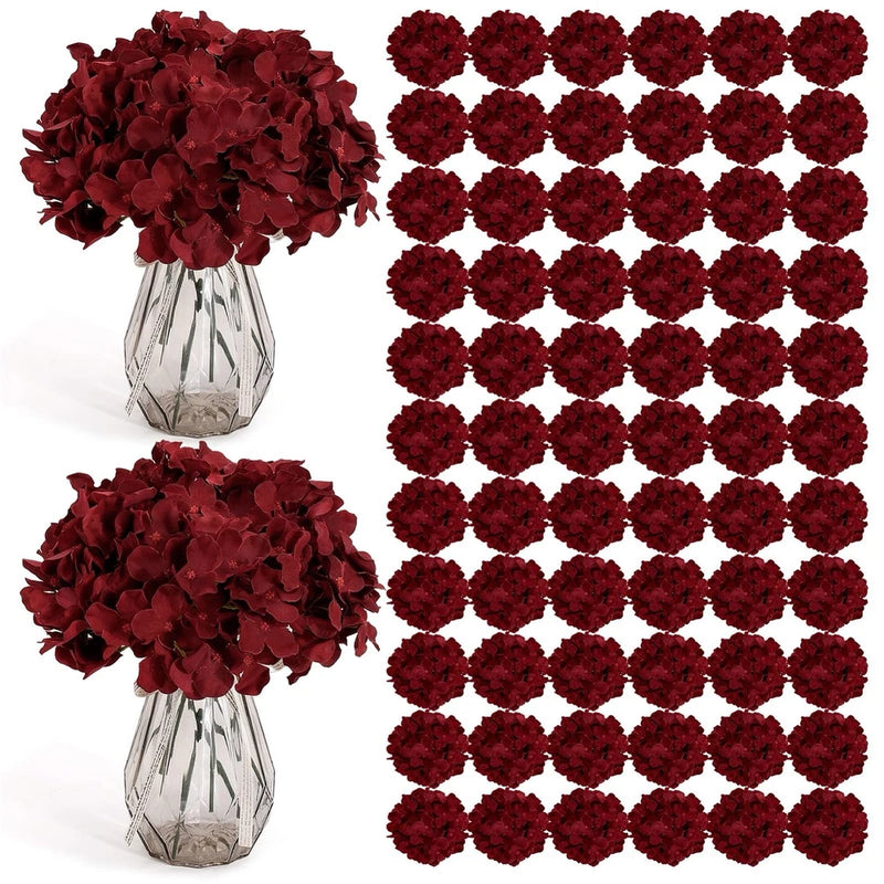 104 PCS Burgundy Silk Hydrangea Artificial Flowers w/ Stems for Events Decor Hydrangea