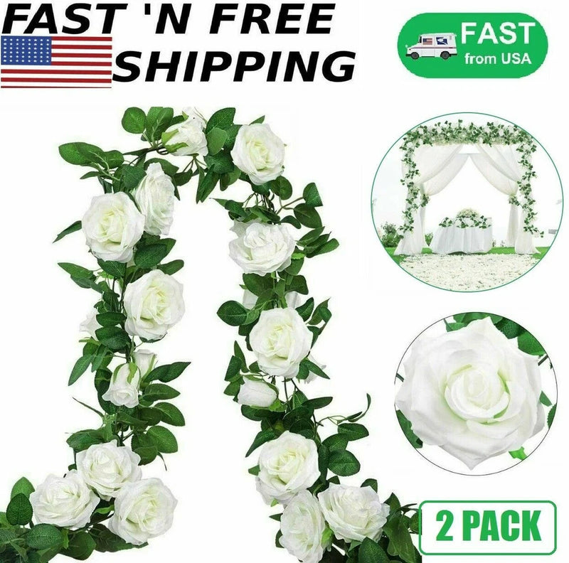Artificial rose vine garland, 2-pack with white faux roses and green leaves