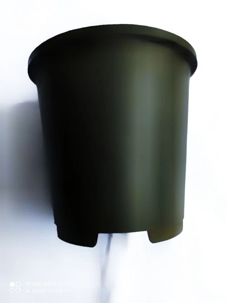 Black plastic nursery planter pot with open rim, cylindrical shape