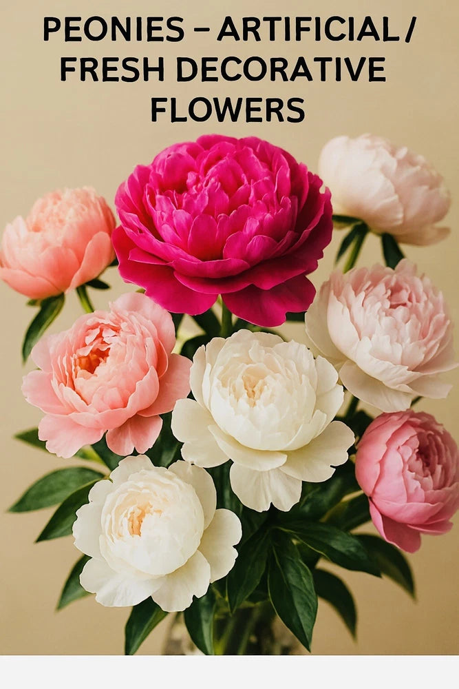 Artificial peony bouquet with pink, peach, and cream faux blooms and green leaves