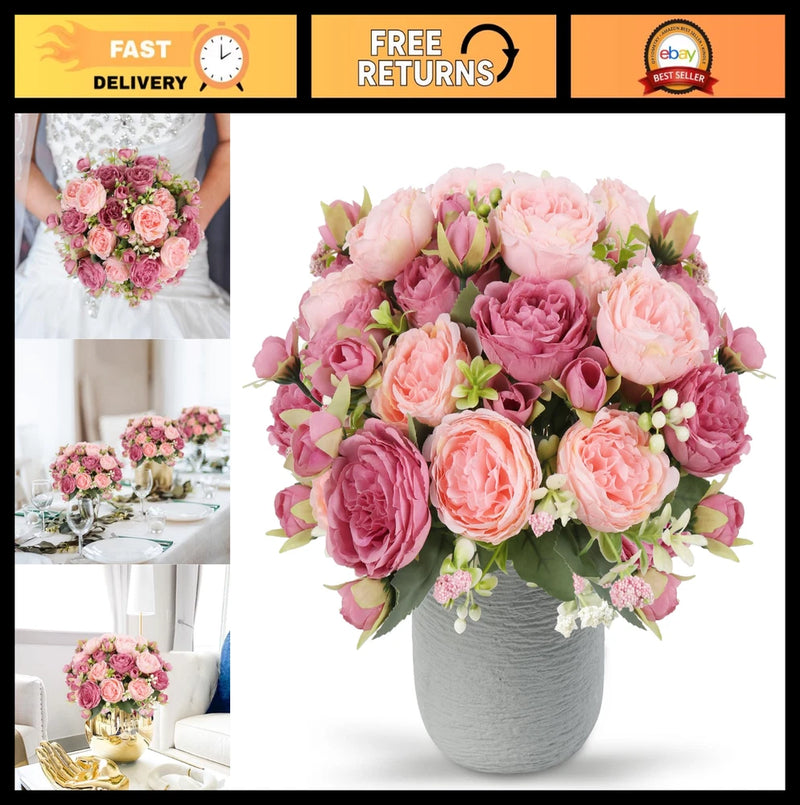 Pink artificial peony bouquet with faux blooms and greenery in a gray vase