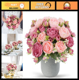 Pink Artificial Peony Bouquet - 4 Bundles Faux Silk Flowers for Home Decor, Wedd Peony