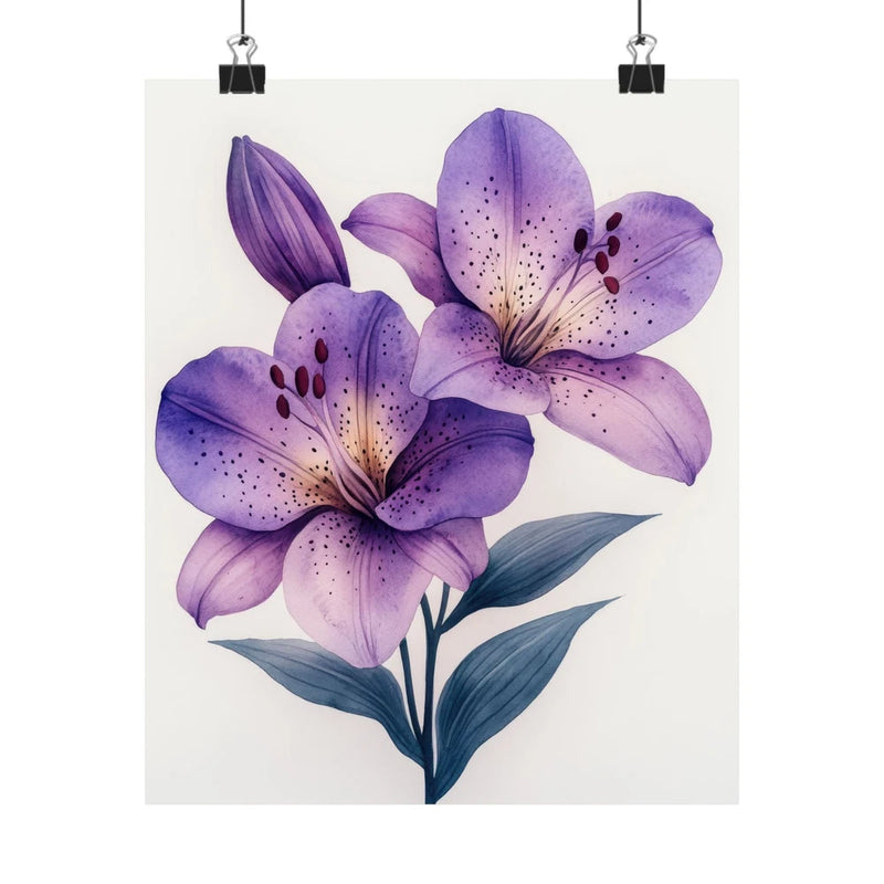 Purple lily flower art print poster with three blooms and green leaves