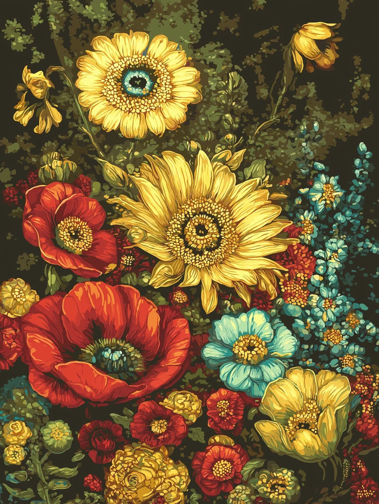 Surreal Sunflower and Poppy Eye Flower Fantasy Poster 18x24in Sunflower