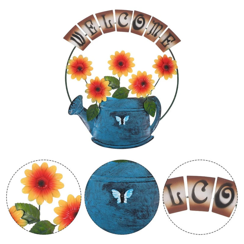 Circular metal welcome wall sign with sunflowers and blue watering-can design